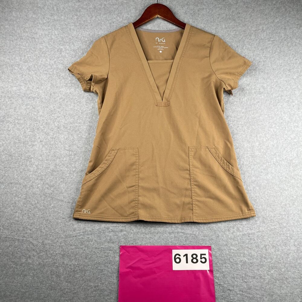 NRG By Barco Scrub Top Beige Womens Small Pockets Slit Sleeves *SEE